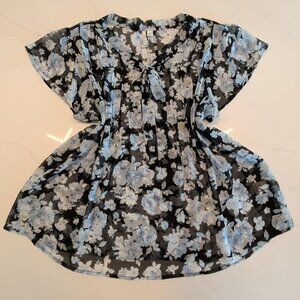 Elle Sz XXL Blue Floral Ruffle Sleeve Blouse Sheer Transparent Top Romantic AOP